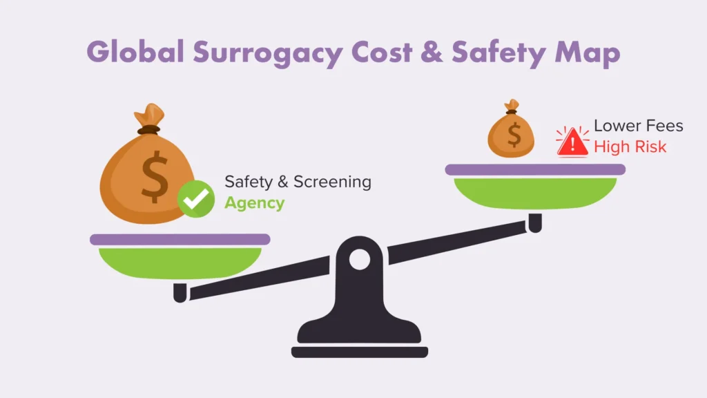 Comparison graphic showing the trade-off between the lower cost of Independent Surrogacy vs the higher safety and screening of Agency Surrogacy.