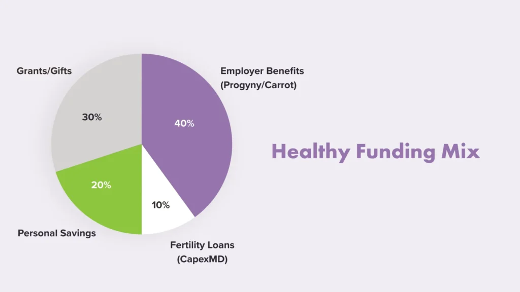 Pie chart illustrating a typical strategy to fund surrogacy using a mix of employer benefits, loans, grants, and savings.