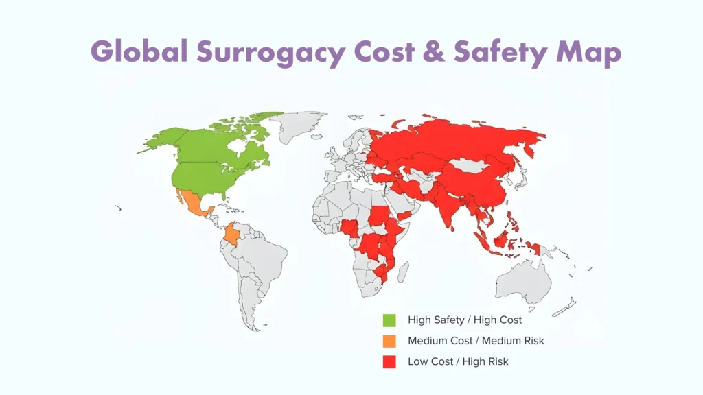 World map comparing 2025 surrogacy costs, highlighting safety and price differences